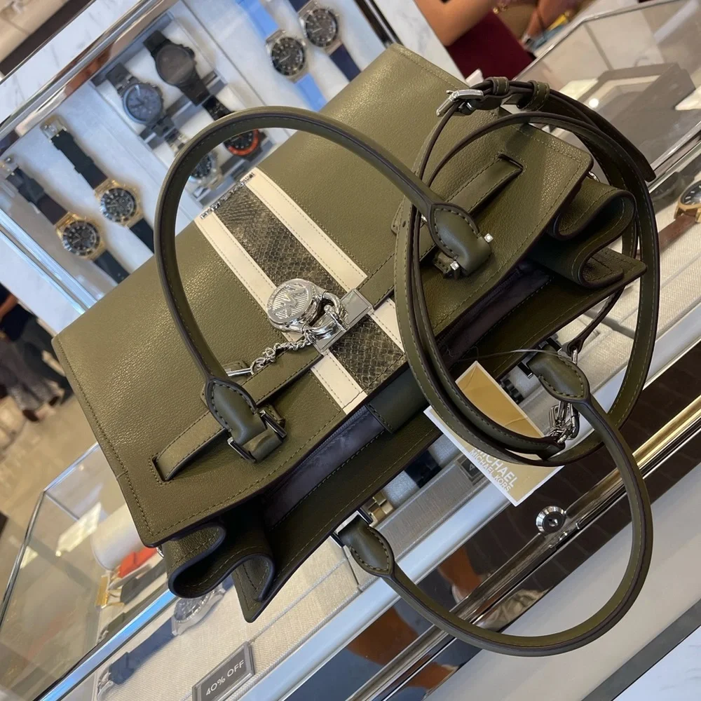 MICHAEL KORS Hamilton Med Leather and Snake Embossed Stripe Satchel Olive  NWT